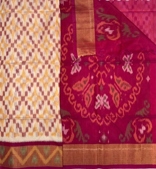 Amudha pochampally silk cotton saree half white color body & rani pink color pallu , blouse.
