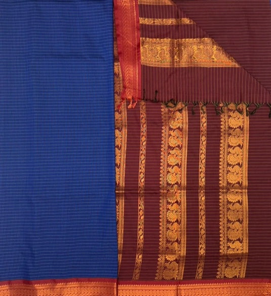 Indhu cotton saree - ink blue color body & maroon color pallu,blouse.