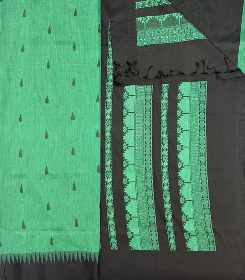 Kaveri cotton saree - green color body & black color pallu,blouse.