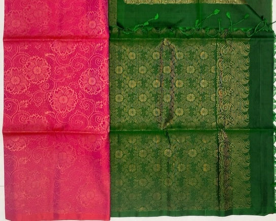 Ovi pink color body & leaf green color pallu , blouse pure silk saree