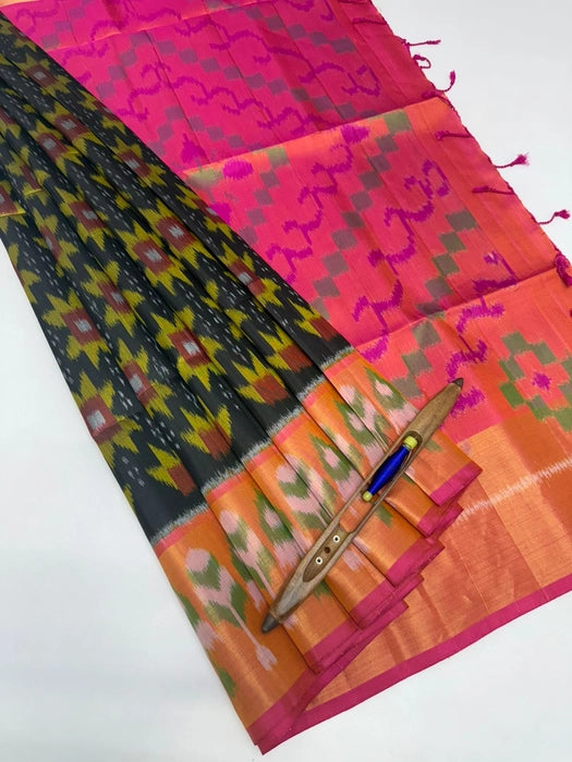 Iraivi black color body & orange with rani pink color pallu , blouse - Pure silk saree
