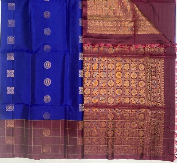 Vaish royal blue color body & wine color pallu,blouse - Pure silk saree