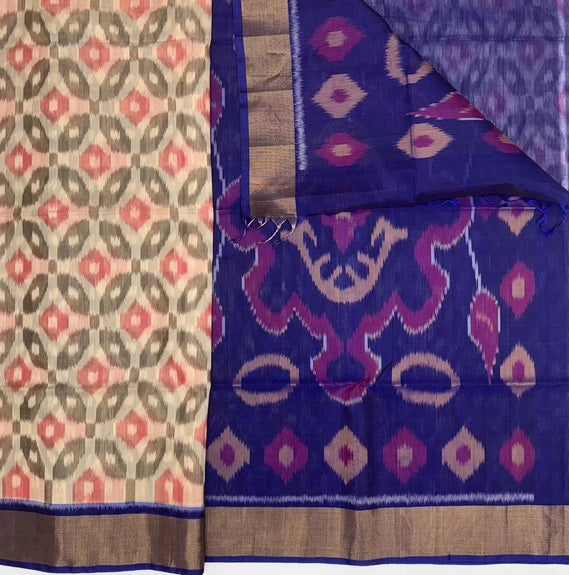 Vennir pochampally silk cotton sarees half white color body & ink blue color pallu , blouse.