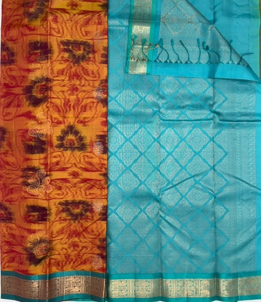 Ponkavi reddish yellow color body & sea blue color pallu , blouse - Pure silk saree
