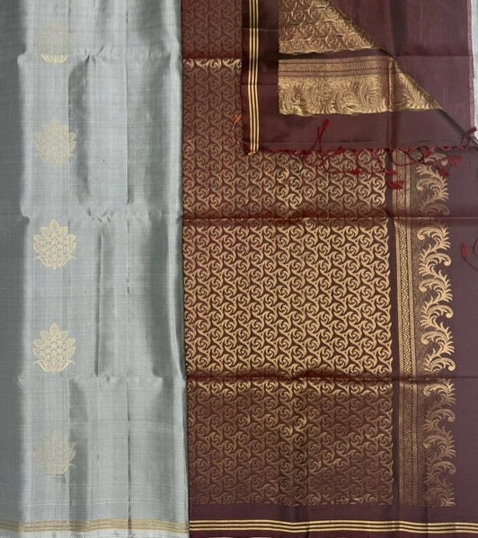 Nizhal softislk saree - grey color body & coffee brown color pallu , blouse - Pure silk saree