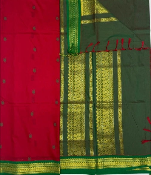 Manjam cotton saree - red color body & green with red color pallu,blouse.