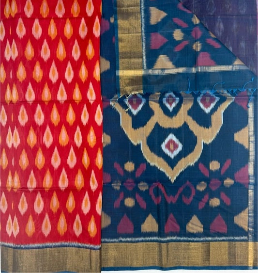 Manthara pochampally silk cotton saree - color body & peacock blue color pallu , blouse.