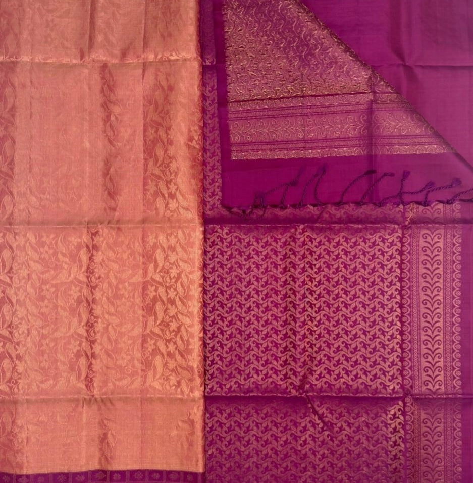 Sadhana peach with pink color body & magenta color pallu , blouse pure silk saree