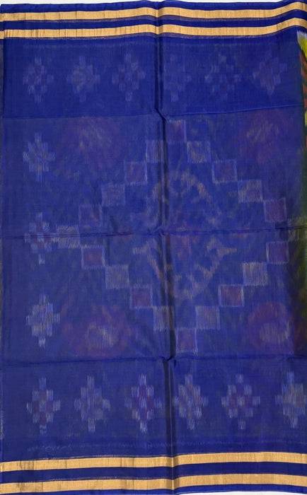 Maari pochampally silk cotton saree - bright yellow color body & royal blue color pallu , blouse.