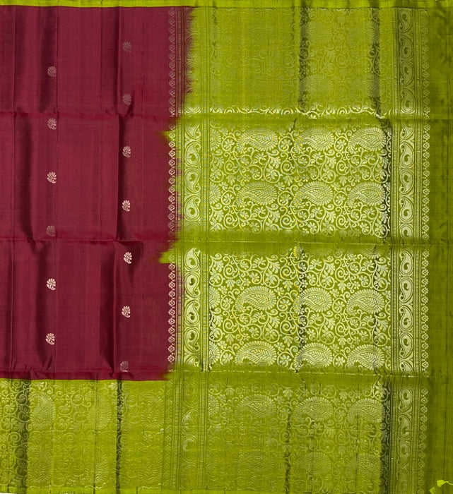 Ish beetroot red color body & lime green color pallu , blouse - Pure silk saree