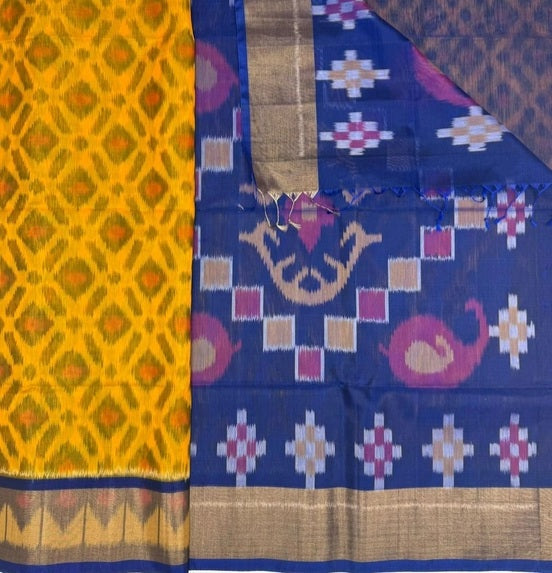 Ahalya pochampally silk cotton saree - yellow color body & ink blue color pallu , blouse.