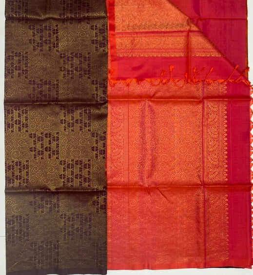 Charu coffee brown color body & pinkish orange color pallu , blouse pure silk saree