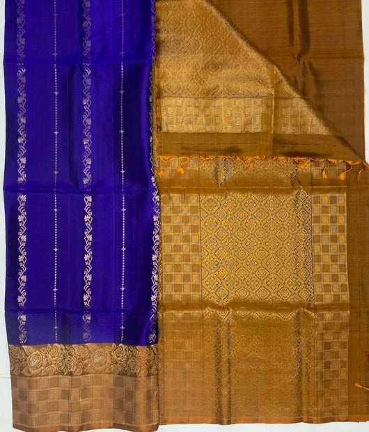 Neela royal blue color body & cow dung green color pallu , blouse - Pure silk saree