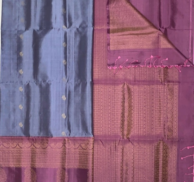 Ravik bluish grey color body & pink with black color pallu , blouse - Pure silk saree