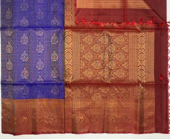 Chitra royal blue color body & maroon color pallu , blouse pure silk saree