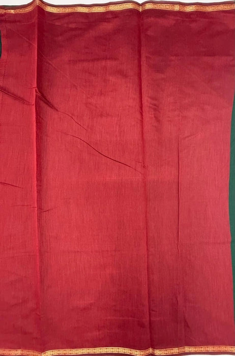 Minnerva cotton saree - bottle green color body & maroon color pallu,blouse.
