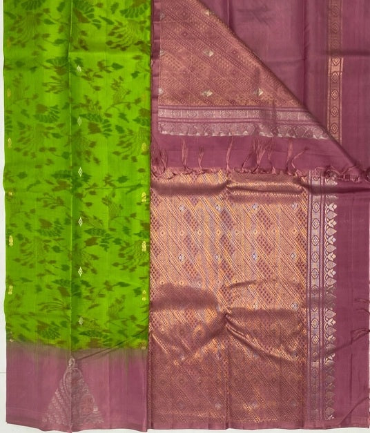 Maragatham parrot green color body & pink color pallu , blouse - Pure silk saree