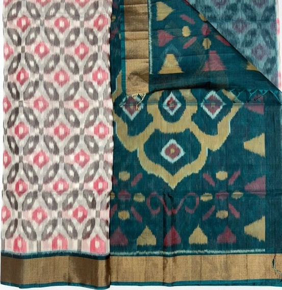 Vennila pochampally silk cotton saree - white color body & peacock blue color pallu , blouse.