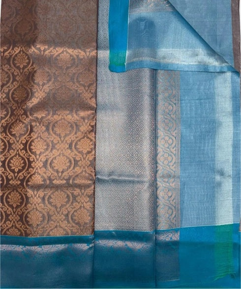 Janu art silk saree - maroon with silver color body & blue color pallu , blouse.