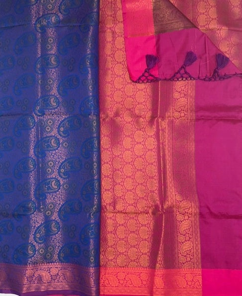 Aari art silk saree - ink blue color body & magenta color pallu , blouse.