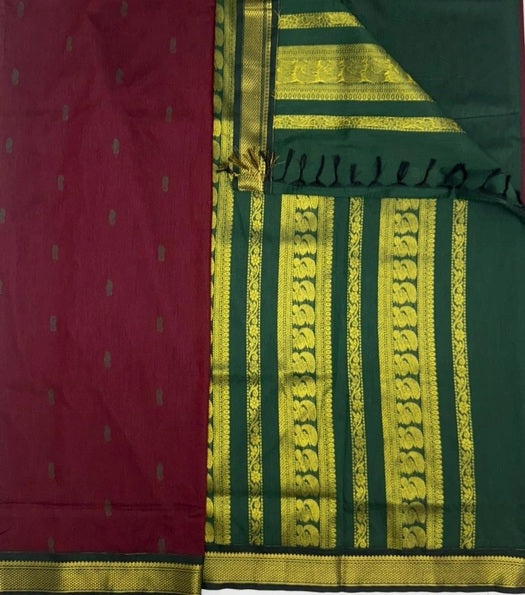 Rathna cotton saree - dark maroon color body & green color pallu,blouse.
