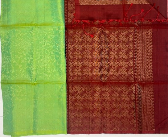 Kili parrot green color body & maroon color pallu , blouse pure silk saree