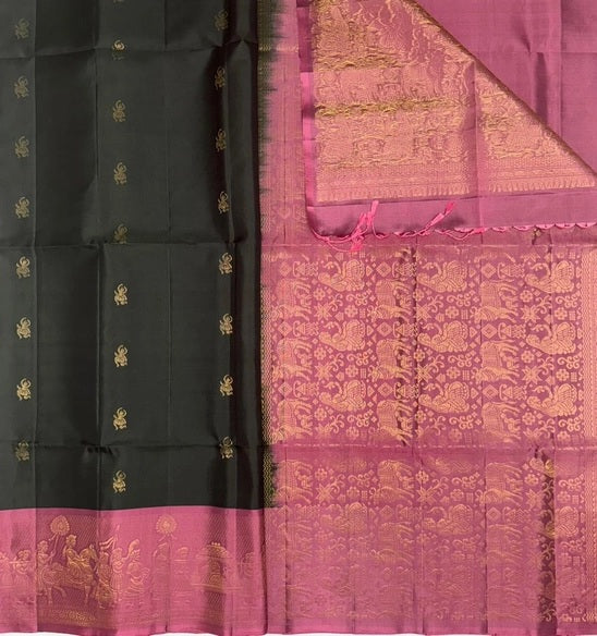 Pallaku softislk saree - dark bottle green color body & dusky pink color pallu , blouse - Pure silk saree