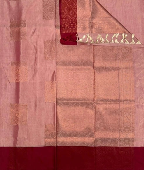 Panimalar art Silk saree - sandal with pink color body ,pallu , blouse.
