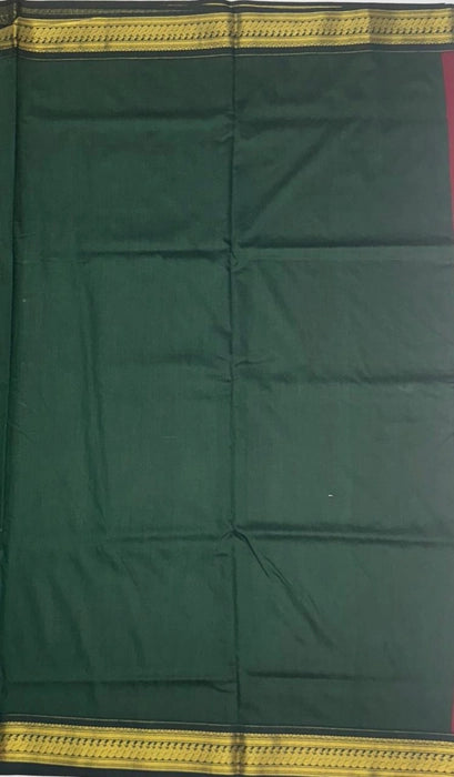 Kana cotton saree - dark maroon color body & bottle green color pallu,blouse.