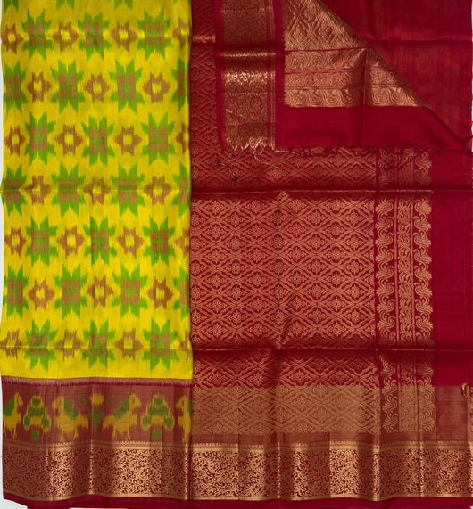 Venpoo yellow color body & red color pallu , blouse - Pure silk saree