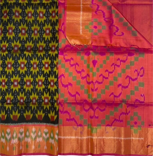 Iraivi black color body & orange with rani pink color pallu , blouse - Pure silk saree