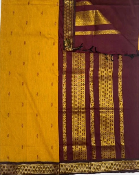 Suvarna cotton saree - mustard yellow color body & dark maroon color pallu,blouse.