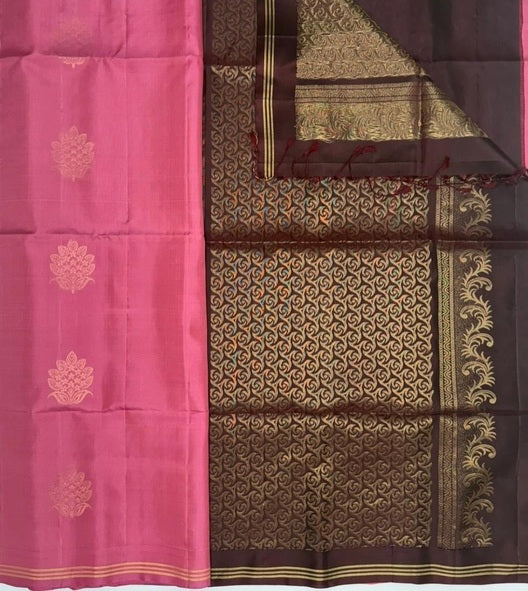 Roja pink color body & coffee brown color pallu , blouse - Pure silk saree