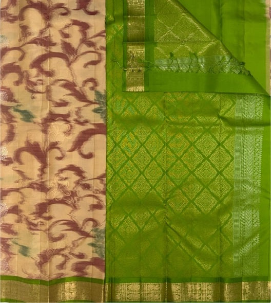 Sandhanam sandal color body & parrot green color pallu , blouse - Pure silk saree