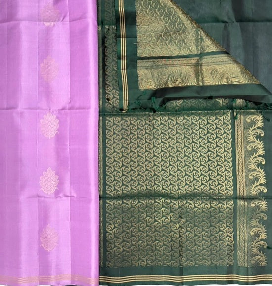Thanvi lavender color body & dark green color pallu , blouse - Pure silk saree