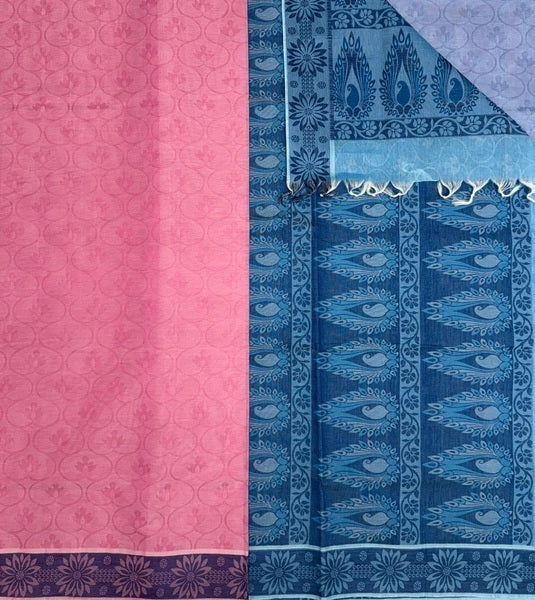 Rosa cotton saree - pink color body & sky blue color pallu,blouse.