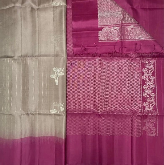 Ruhika chocolate brown color body & dusky pink color pallu , blouse - Pure silk saree