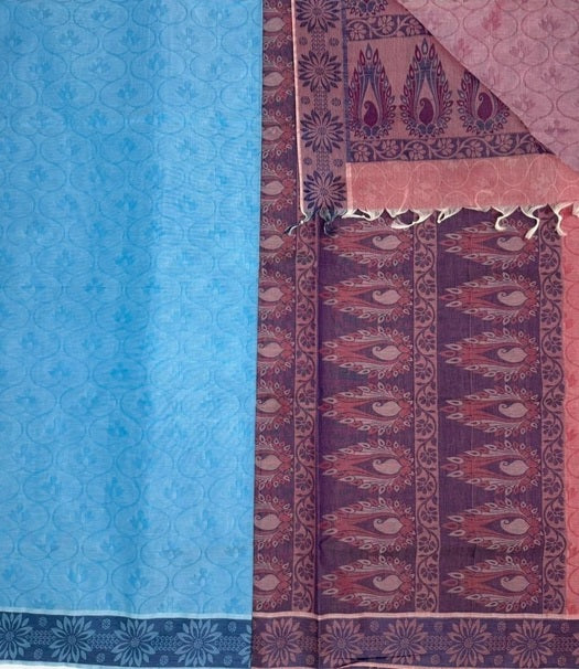 Neela cotton saree - sky blue color body & light red color pallu,blouse