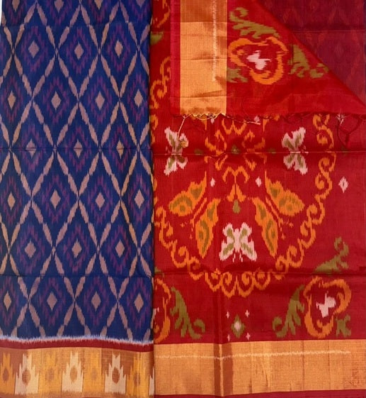 Indra pochampally silk cotton saree - ink blue color body & red color pallu , blouse.