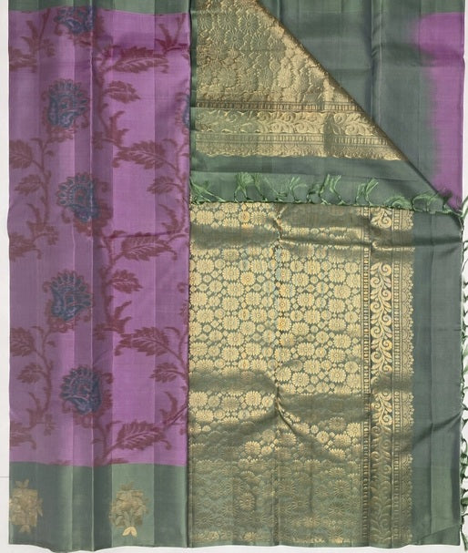 Aarul lavender color body & pastel green color pallu , blouse - Pure silk saree