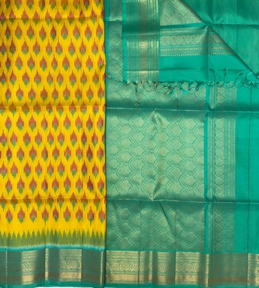 Ponnoli bright yellow color body & rexona green color pallu , blouse - Pure silk saree