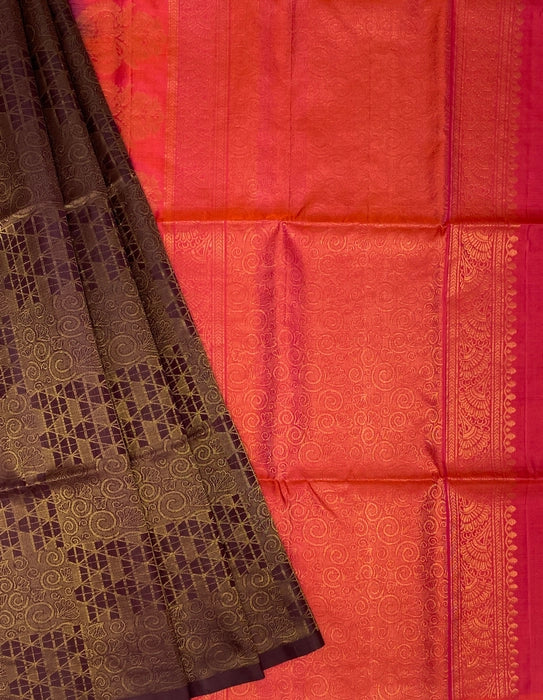 Charu coffee brown color body & pinkish orange color pallu , blouse pure silk saree