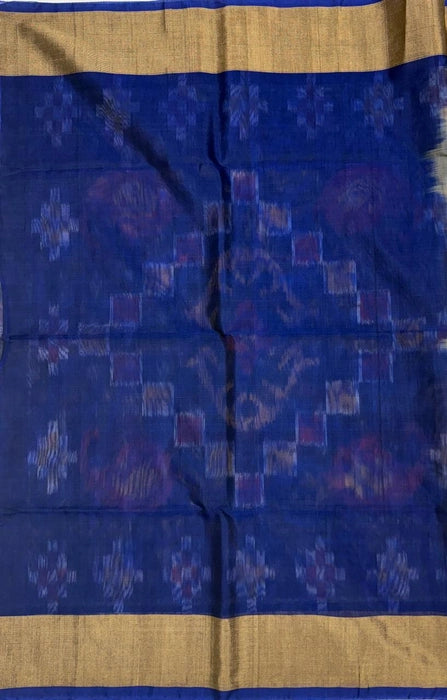 Silambu pochampally silk cotton grey color body & ink blue color pallu , blouse.