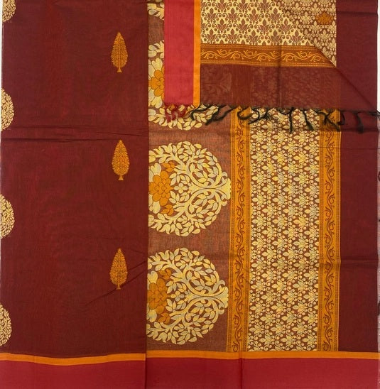 Sengal cotton saree - brick red color body, pallu,blouse.