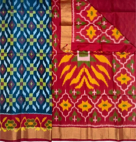 IlamNeelam peacock blue color body & dark red color pallu , blouse - Pure silk saree