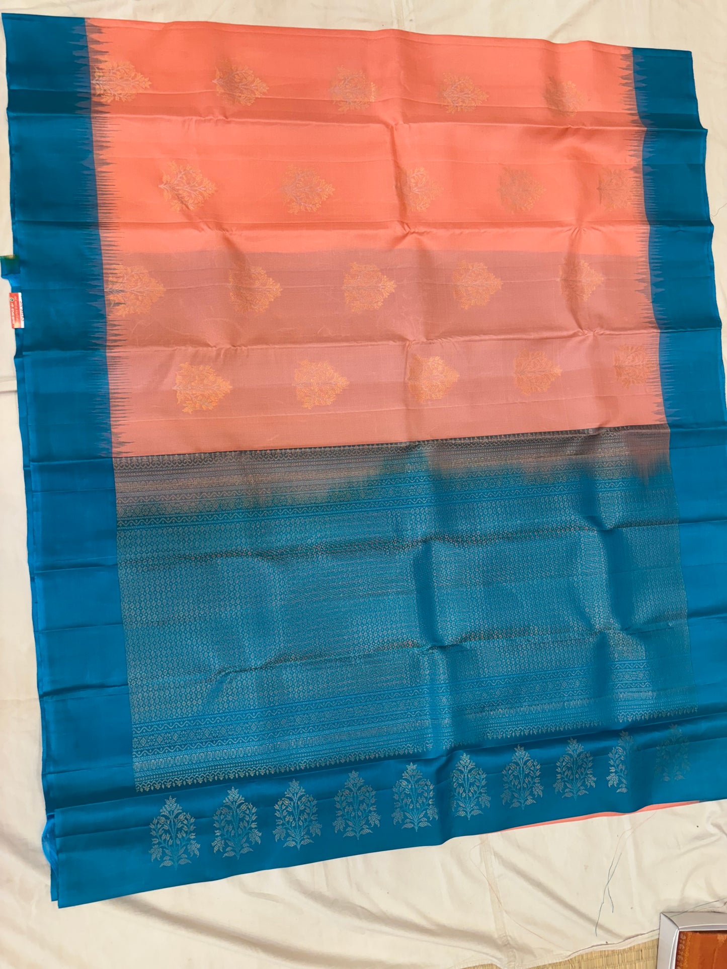 Yuvaa peach & blue softsilk saree - Pure silk saree