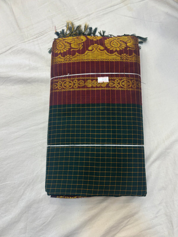 Bottle Green checked Kalyani cotton saree
