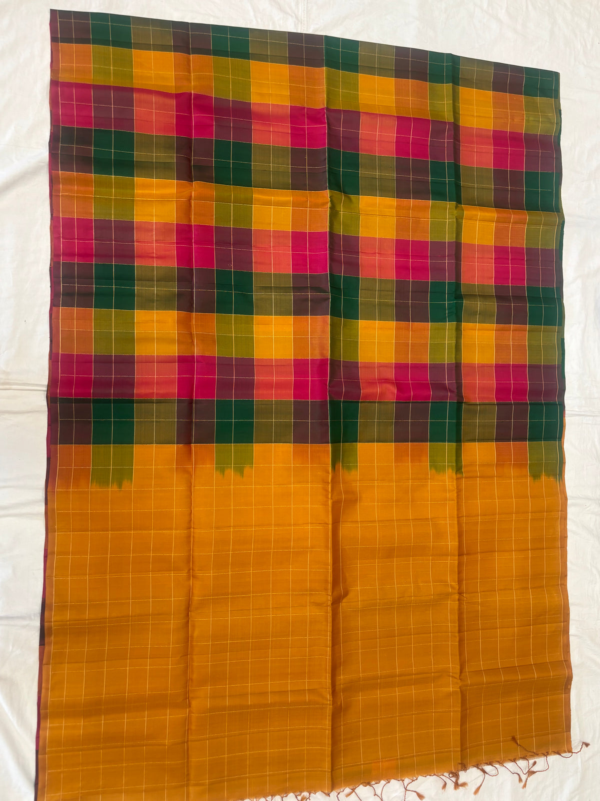 Kattam orange green multicolor handloom softsilk saree