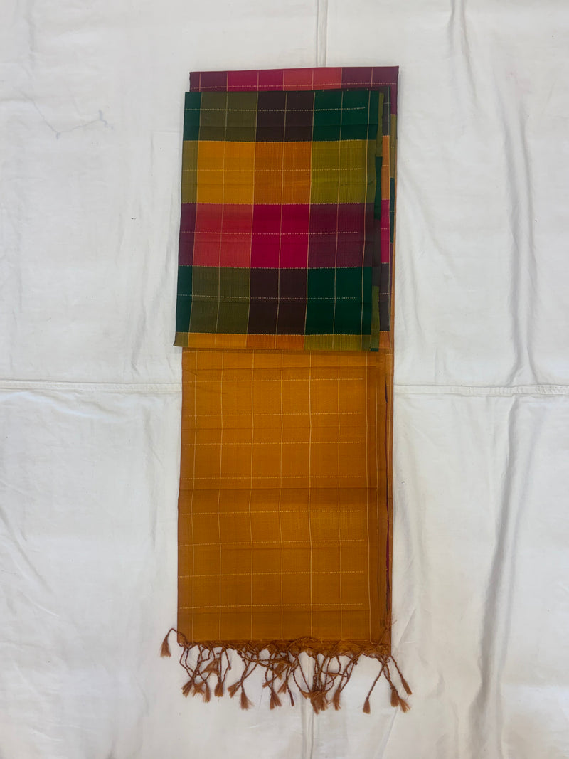 Kattam orange green multicolor handloom softsilk saree
