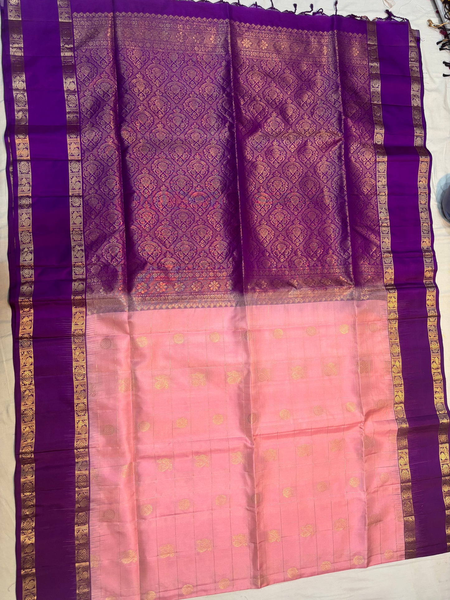 Sangavi peach pink & purple softsilk saree - Pure silk saree